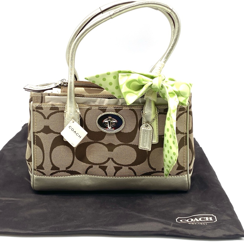 NEW TAGS COACH SIGNATURE HAMPTON SILVER PEWTER LEATHER MONOGRAM SATCHEL HAND BAG